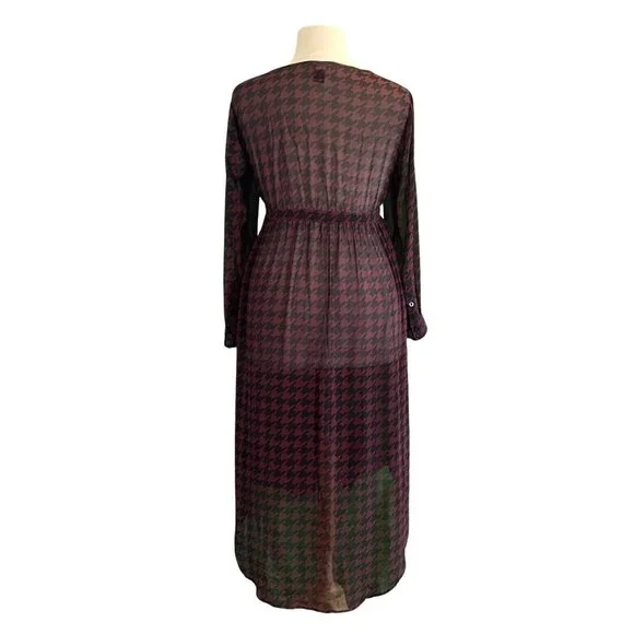 Torrid Long Sleeve Scoop Neck Burgundy Houndstooth Chiffon Button Tunic Size 1X - Picture 5 of 7